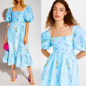 NWOT Self-Portrait Watercolor Taffeta Blue Puff Sleeve Floral Midi Dress Size 6